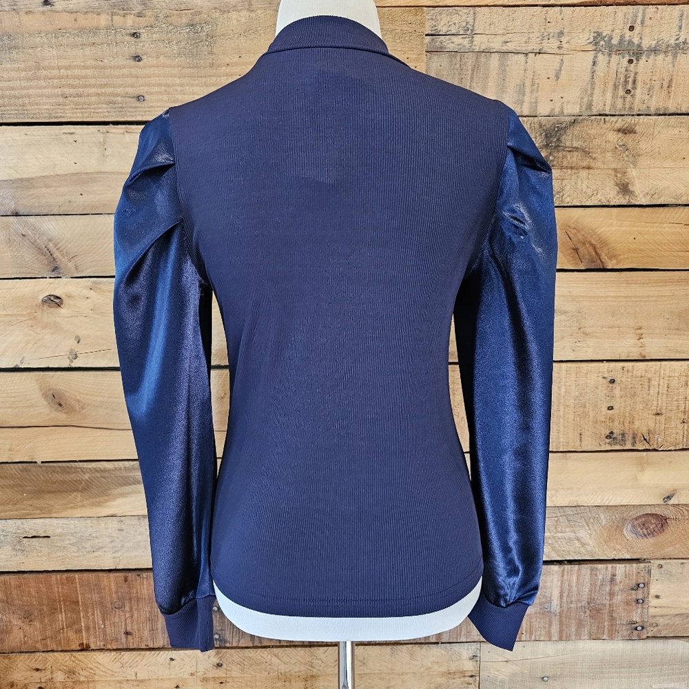 Kara and Kate navy blue ribbed knit top with puffed shoulder satin sleeve Size L - Picture 5 of 5